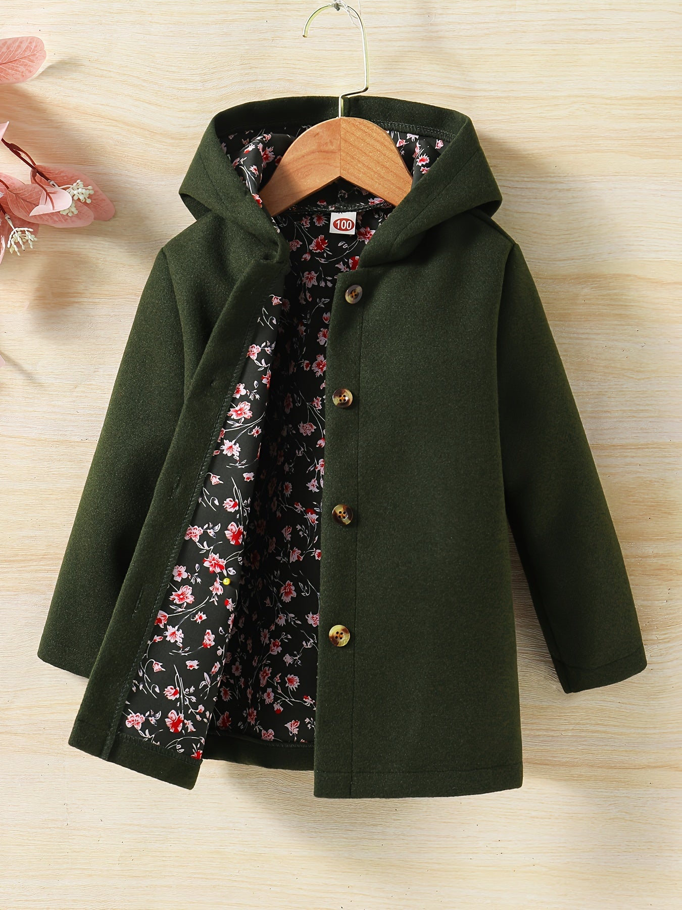 Baby Girl Hooded Coat Floral Print Button Design Autumn Winter