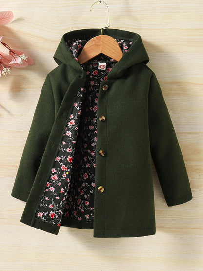 Baby Girl Hooded Coat Floral Print Button Design Autumn Winter