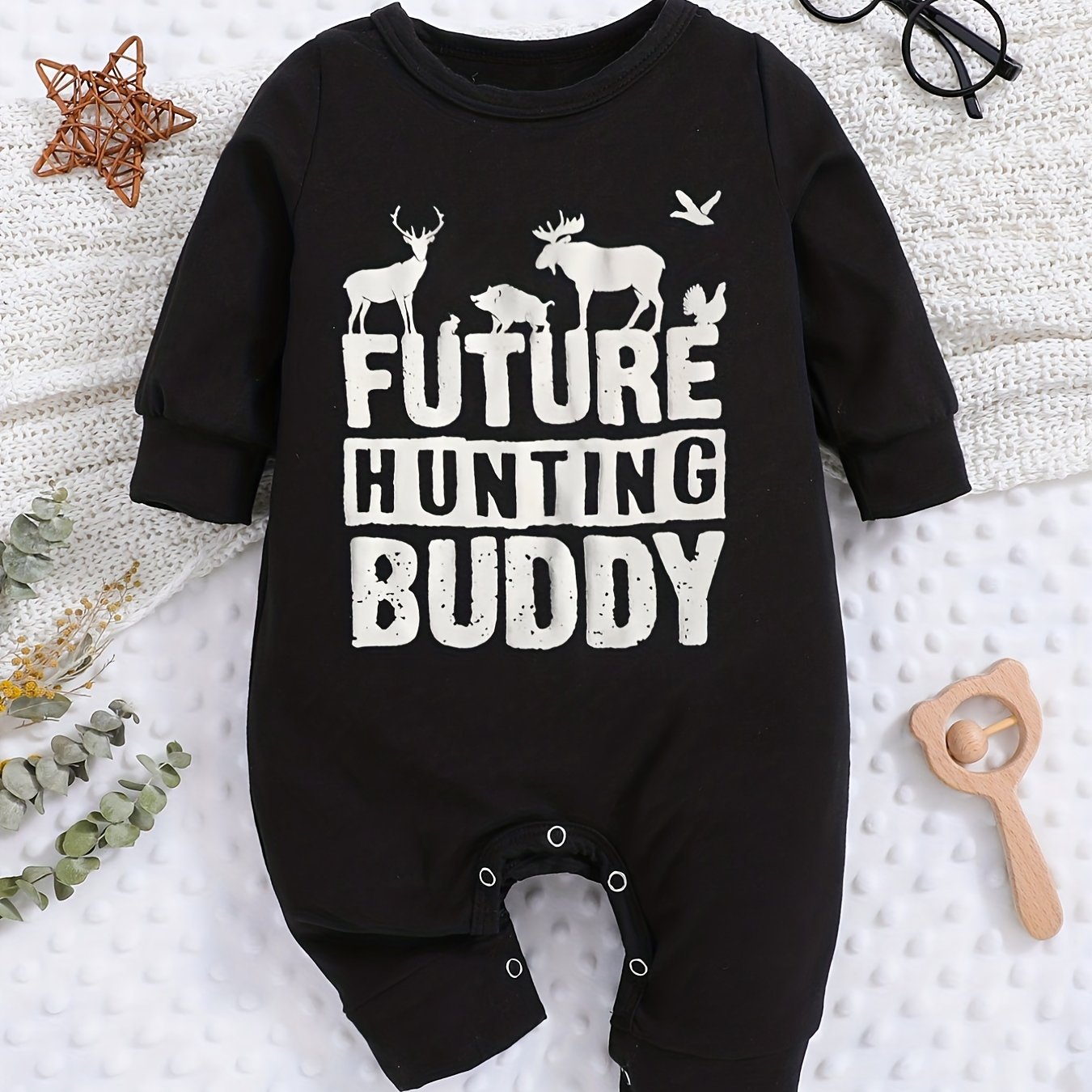 Baby Romper "Future Hunting Buddy" Black Polyester Deer & Bird Print
