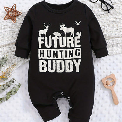 Baby Romper "Future Hunting Buddy" Black Polyester Deer & Bird Print