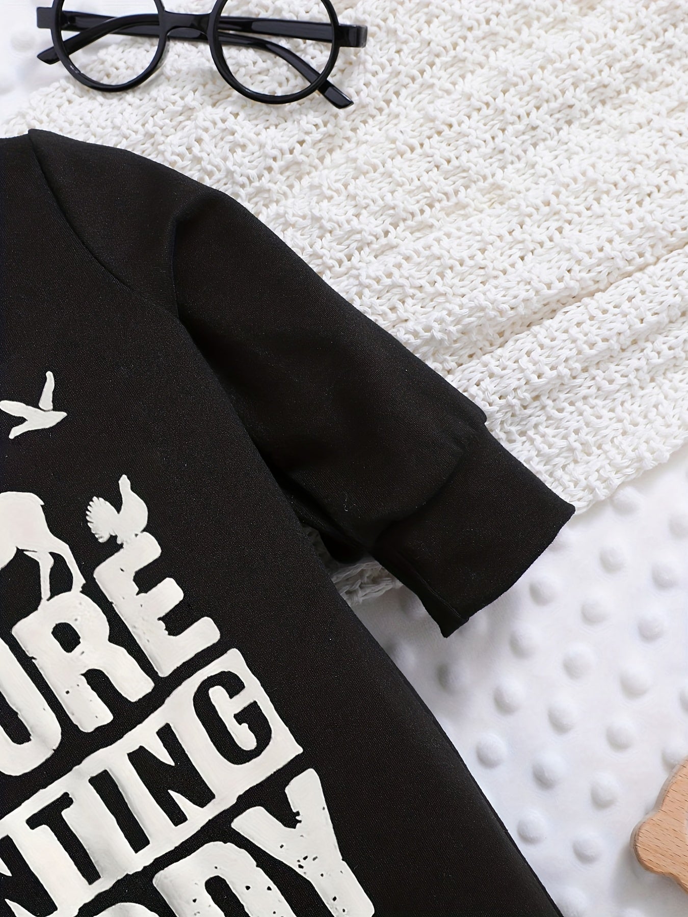 Baby Romper "Future Hunting Buddy" Black Polyester Deer & Bird Print