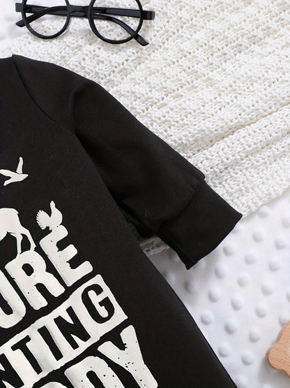 Baby Romper "Future Hunting Buddy" Black Polyester Deer & Bird Print