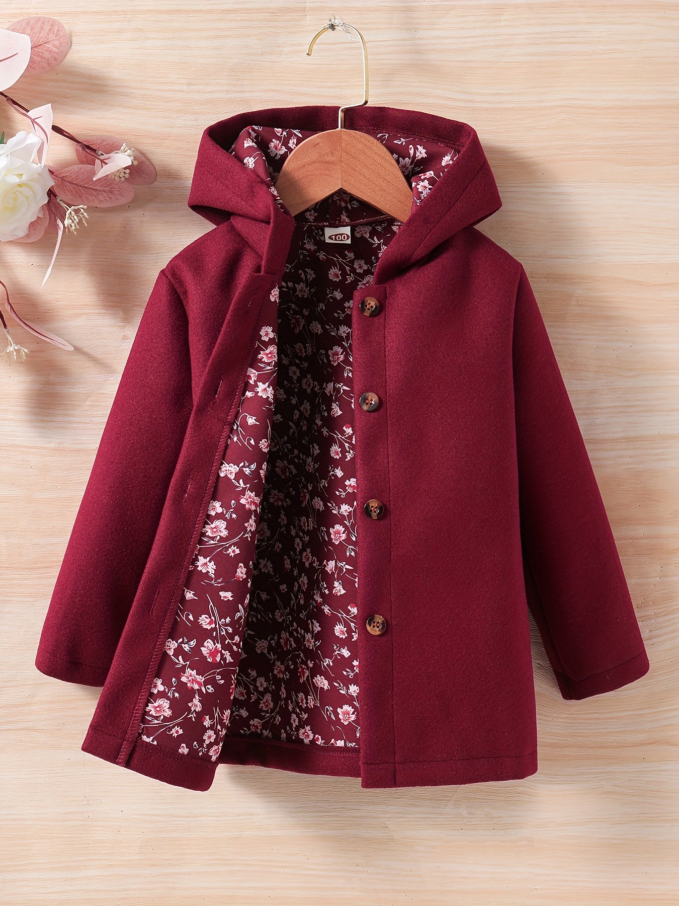 Baby Girl Hooded Coat Floral Print Button Design Autumn Winter