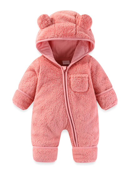 Newborn Baby Winter Fleece Hooded Romper with Mittens Plush Lined Jumpsuit