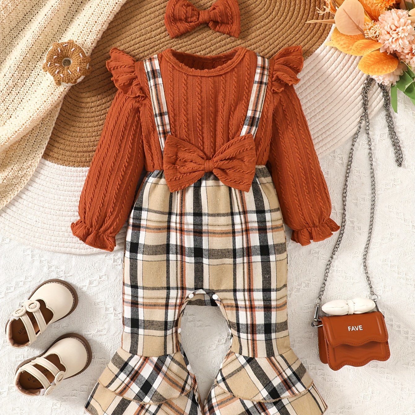 Baby Girl Long Sleeve Cotton Jumpsuit with Flared Pants & Bow Turban Set