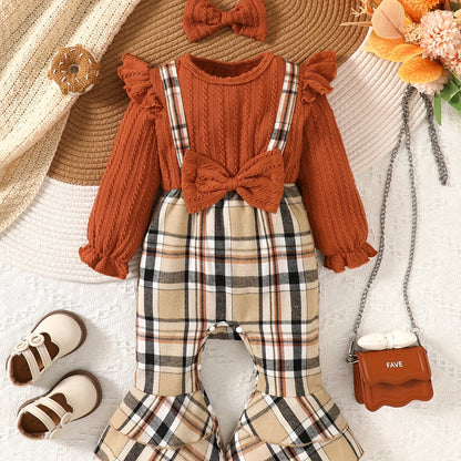 Baby Girl Long Sleeve Cotton Jumpsuit with Flared Pants & Bow Turban Set