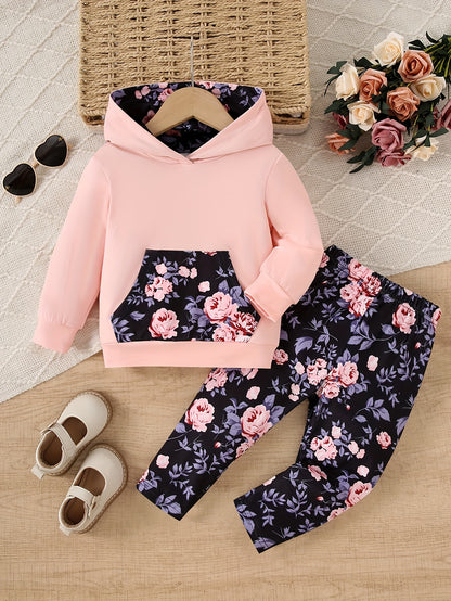 Baby Girl 2-Piece Pants Set Rose Flower Hooded Sweatshirt & Slim Print Trousers