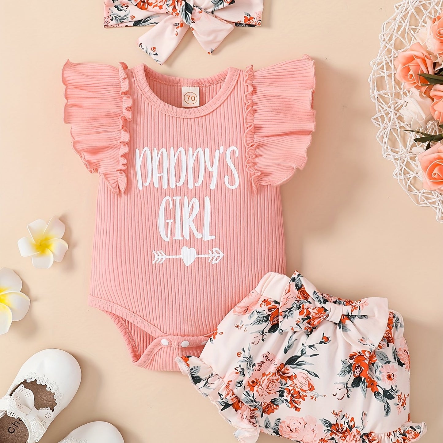 3 Pcs Baby Girl "Daddy's Girl" Ruffle Sleeve Onesie, Floral Shorts & Headband Set