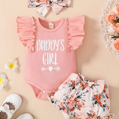 3 Pcs Baby Girl "Daddy's Girl" Ruffle Sleeve Onesie, Floral Shorts & Headband Set