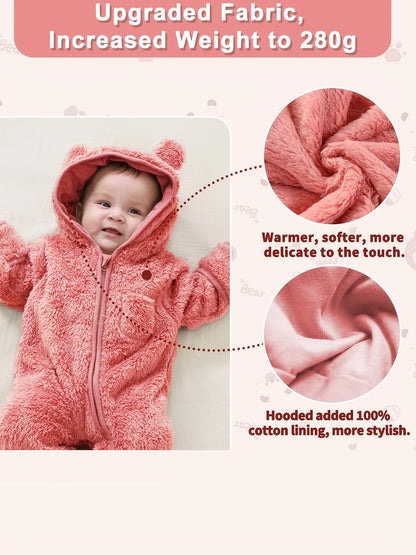 Newborn Baby Winter Fleece Hooded Romper with Mittens Plush Lined Jumpsuit