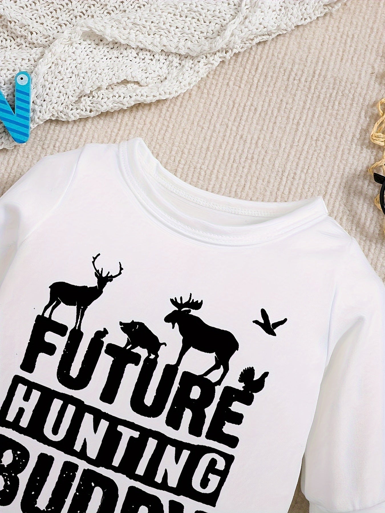 Baby Romper "Future Hunting Buddy" Black Polyester Deer & Bird Print