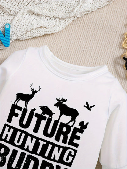 Baby Romper "Future Hunting Buddy" Black Polyester Deer & Bird Print