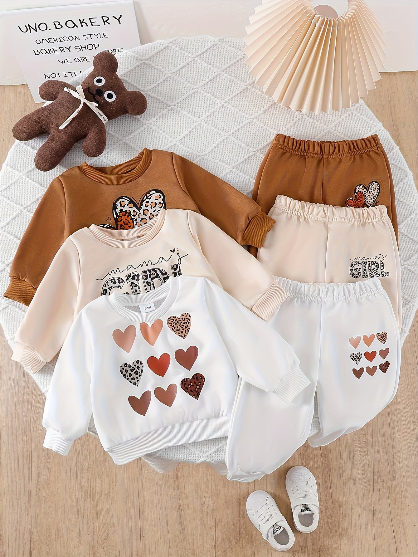 6-Piece Baby Girl Autumn Winter Outfit Leopard & Heart Print Pullover with Casual Pants