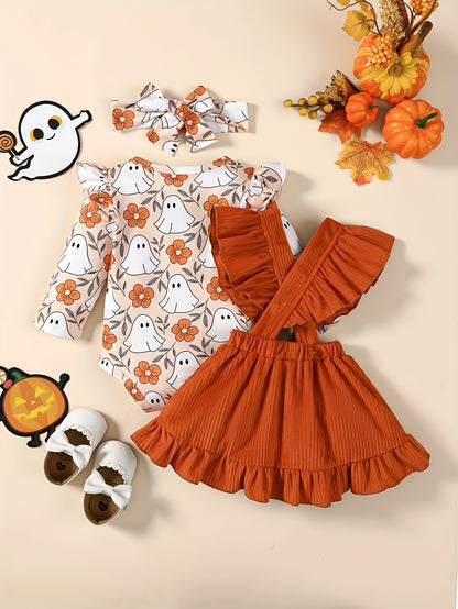 3 Pcs Baby Girl Halloween Outfit Pumpkin Print Jumpsuit, Ruffled Skirt & Headband Set