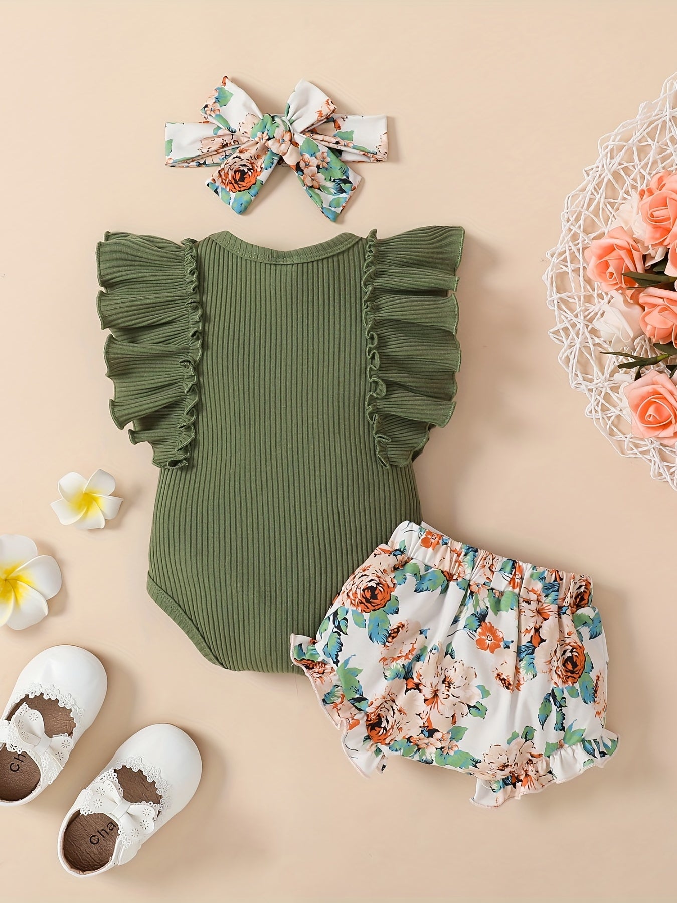 3 Pcs Baby Girl "Daddy's Girl" Ruffle Sleeve Onesie, Floral Shorts & Headband Set