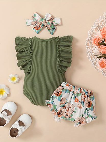 3 Pcs Baby Girl "Daddy's Girl" Ruffle Sleeve Onesie, Floral Shorts & Headband Set