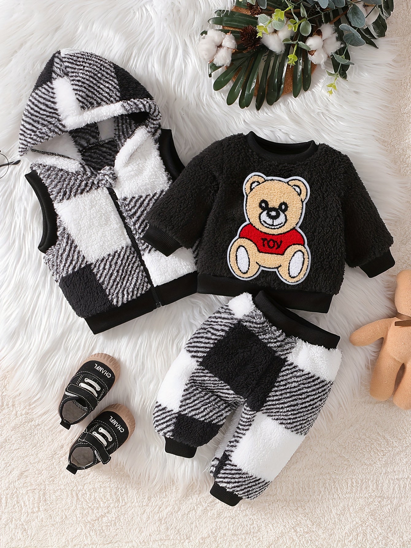 Baby Boys Cartoon Bear Pullover with Checkered Trousers & Hooded Vest Set