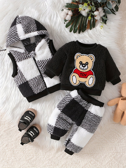 Baby Boys Cartoon Bear Pullover with Checkered Trousers & Hooded Vest Set