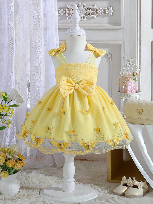 Baby Girl Summer Dress Embroidered 3D Butterfly Mesh Suspender Bow Princess Skirt