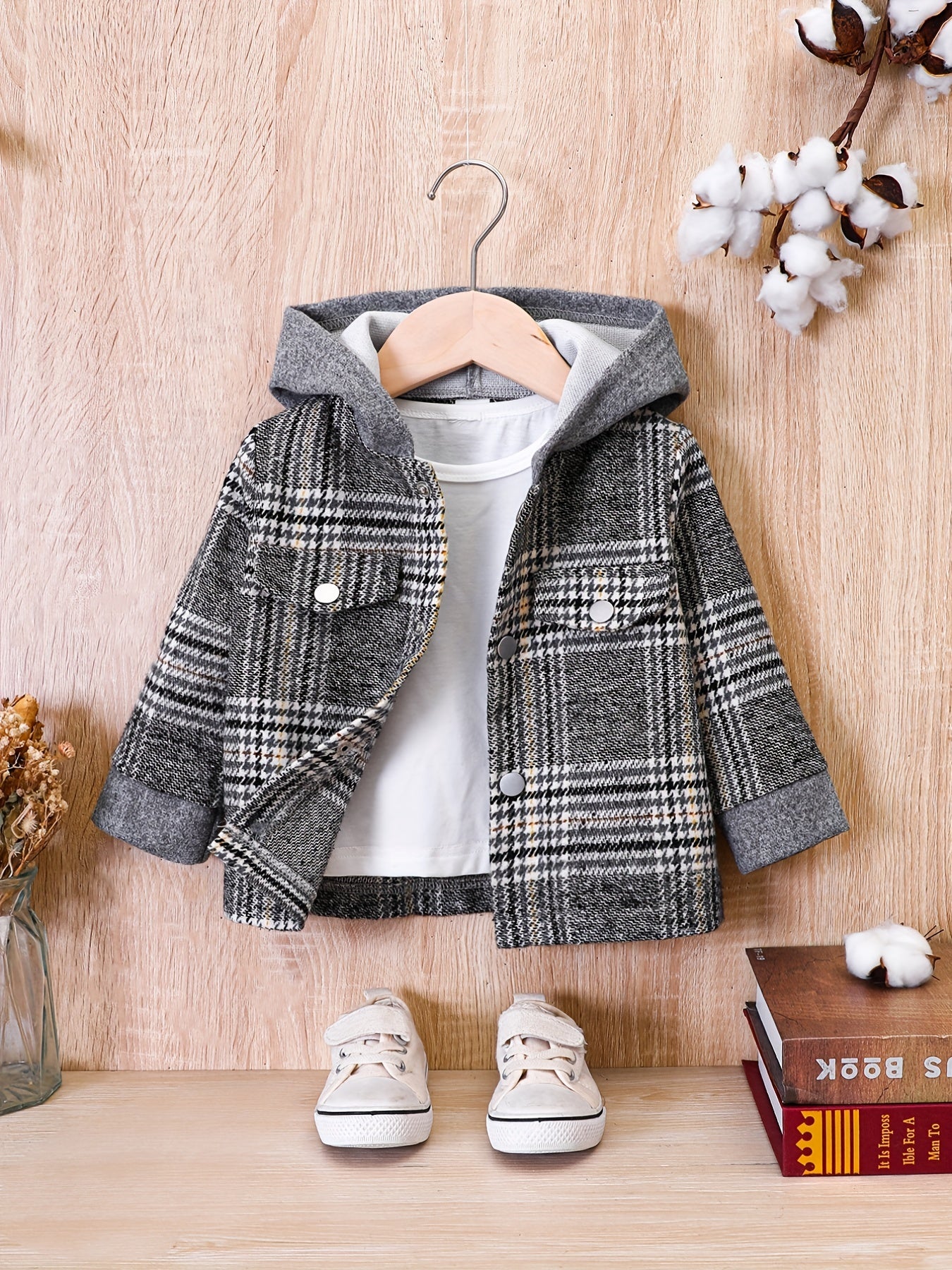 Baby Boy Plaid Tweed Coat with Hood Brown & Beige Check Fall/Winter Outerwear