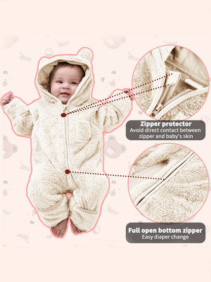 Newborn Baby Winter Fleece Hooded Romper with Mittens Plush Lined Jumpsuit
