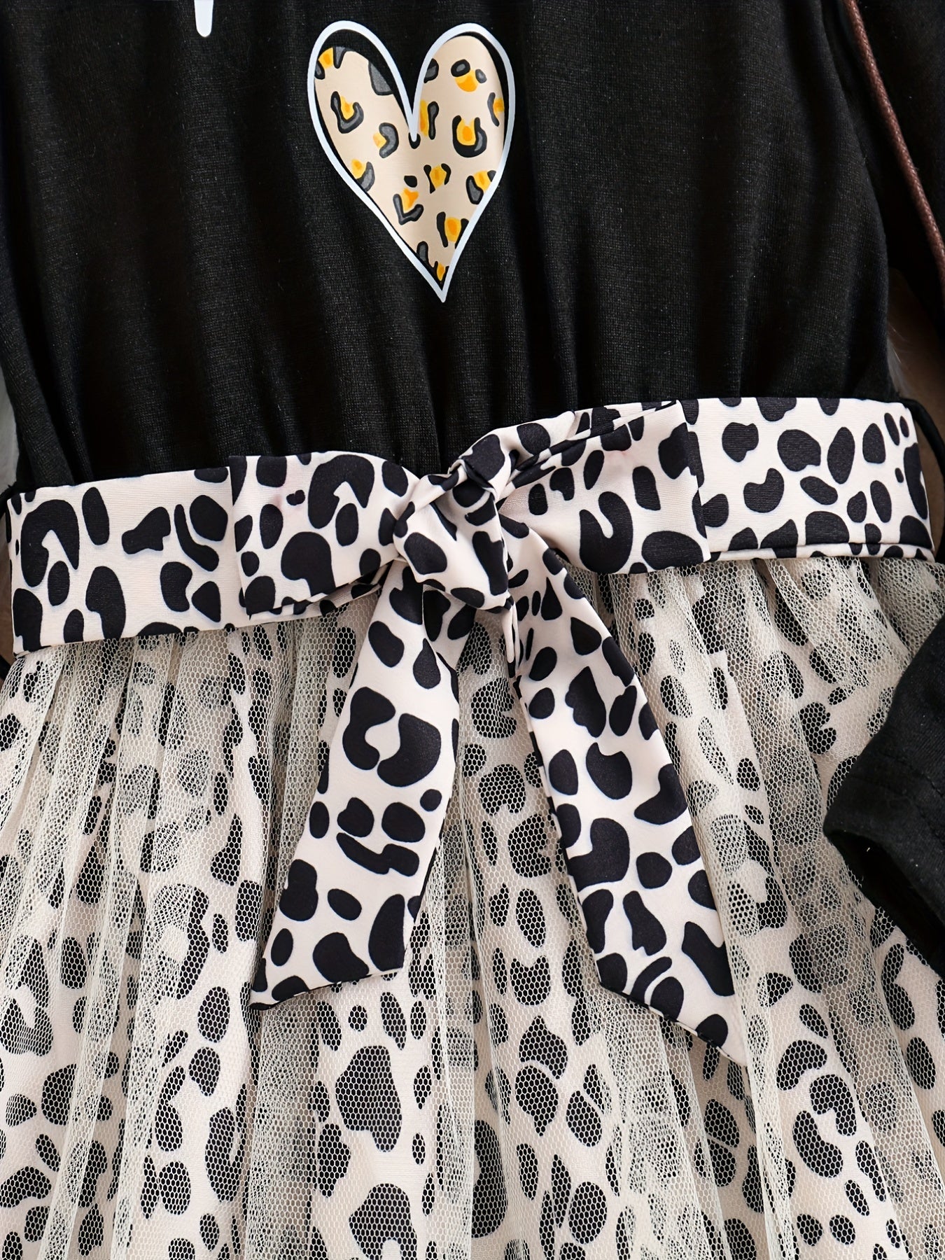 Baby Girl Leopard Print Mesh Dress with Bowknot Belt Long Sleeve Ruffle Trim