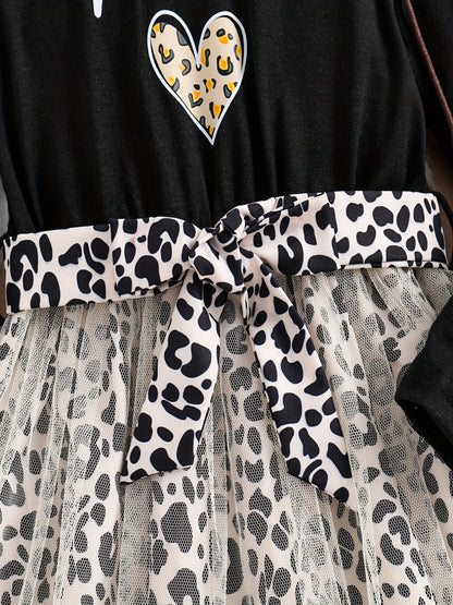 Baby Girl Leopard Print Mesh Dress with Bowknot Belt Long Sleeve Ruffle Trim