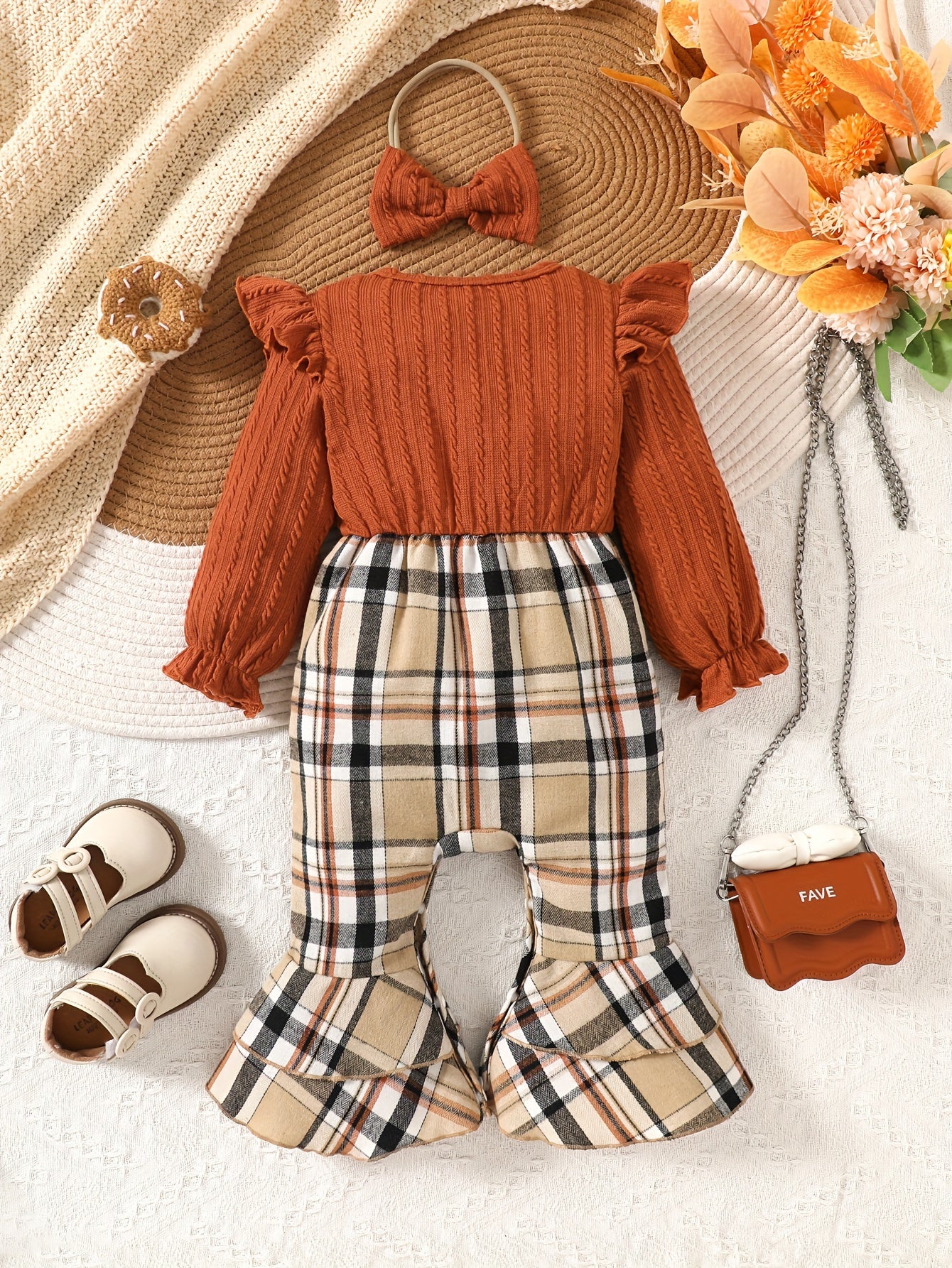 Baby Girl Long Sleeve Cotton Jumpsuit with Flared Pants & Bow Turban Set