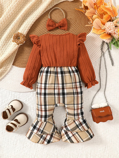Baby Girl Long Sleeve Cotton Jumpsuit with Flared Pants & Bow Turban Set