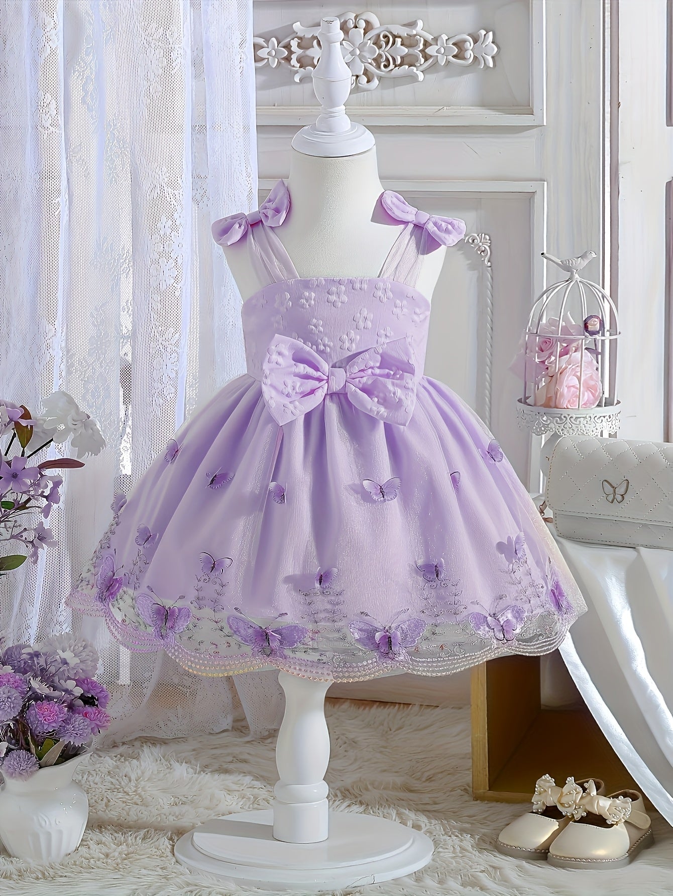 Baby Girl Summer Dress Embroidered 3D Butterfly Mesh Suspender Bow Princess Skirt
