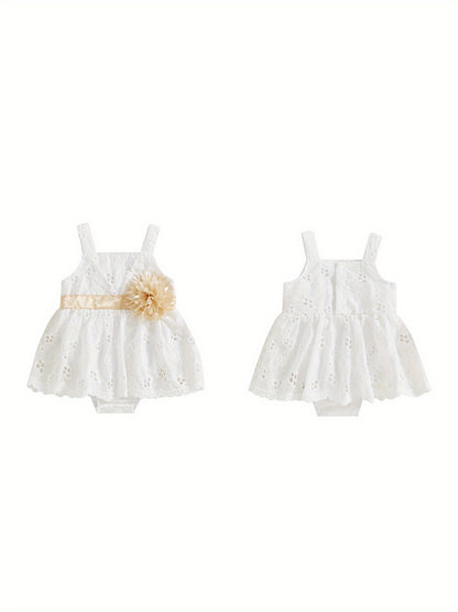 White Sleeveless Baby Girl Romper Dress 3D Floral Skirt Hem Golden Belt Summer Outfit