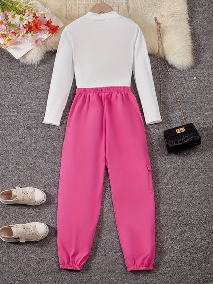 2-Piece Baby Girl Color Clash Top & Cargo Pants Set Alphabet Print