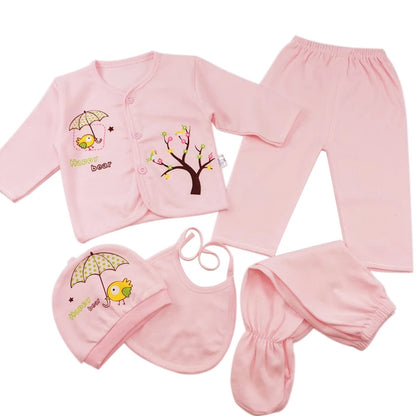 Newborn Baby 5PCS Clothes Set Shirt Pant Bib Hat Infant Girl Boy Outfit