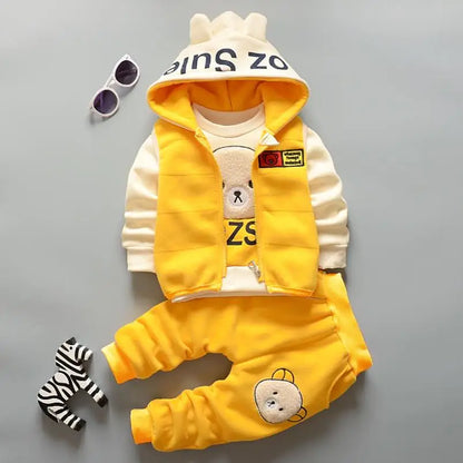 Baby Autumn Winter Clothing Set Boys Girls Hooded Cartoon Bear Thick Velvet 3-Piece Suit 0-4Y