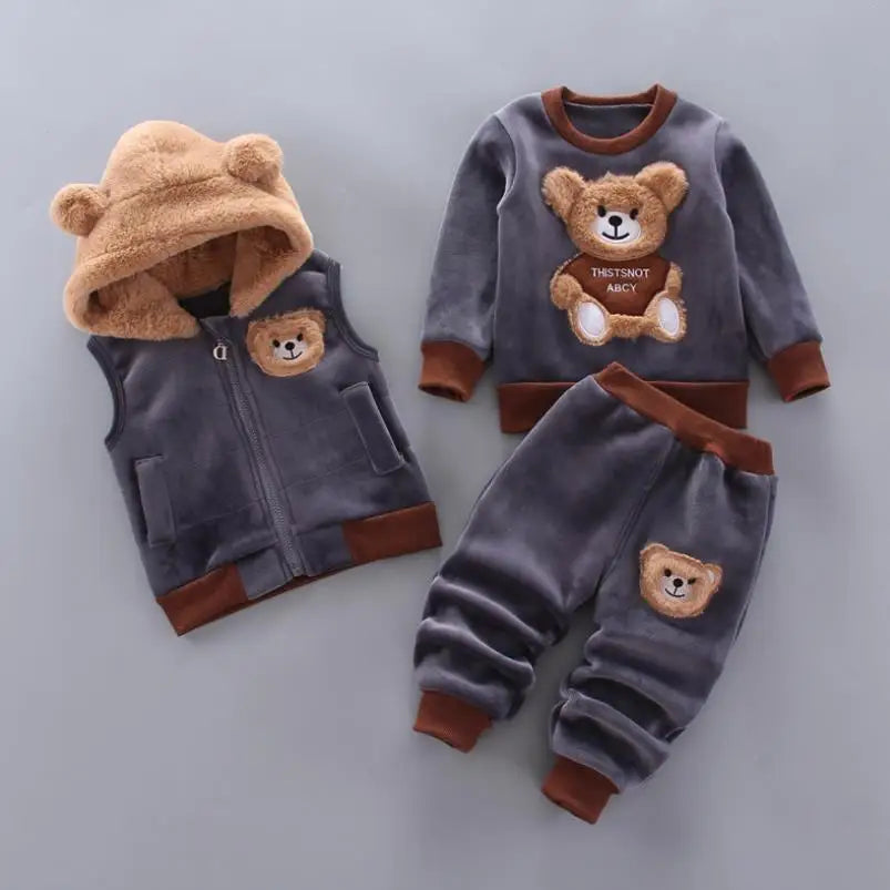 Baby Autumn Winter Clothing Set Boys Girls Hooded Cartoon Bear Thick Velvet 3-Piece Suit 0-4Y