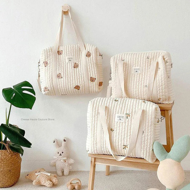 Baby Zipper Diaper Handbag Cotton Bag with Cute Bear Embroidery