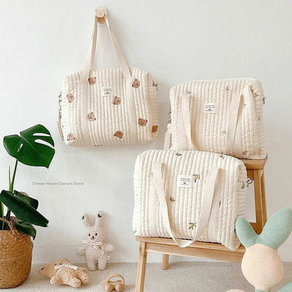 Baby Zipper Diaper Handbag Cotton Bag with Cute Bear Embroidery