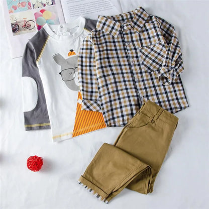 Kids Boys Plaid Coat T-Shirt Pants 3PCS Set