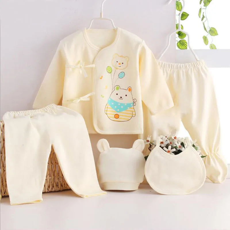 Newborn Baby 5PCS Clothes Set Shirt Pant Bib Hat Infant Girl Boy Outfit