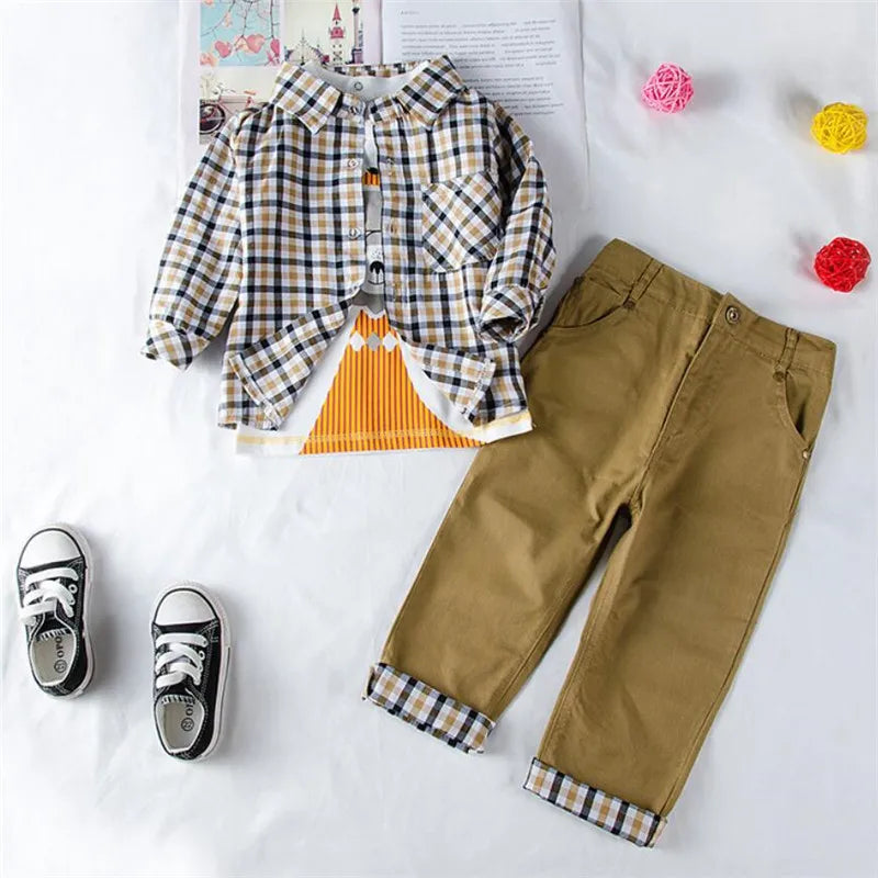 Kids Boys Plaid Coat T-Shirt Pants 3PCS Set