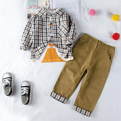 Kids Boys Plaid Coat T-Shirt Pants 3PCS Set
