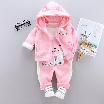 Baby Autumn Winter Clothing Set Boys Girls Hooded Cartoon Bear Thick Velvet 3-Piece Suit 0-4Y