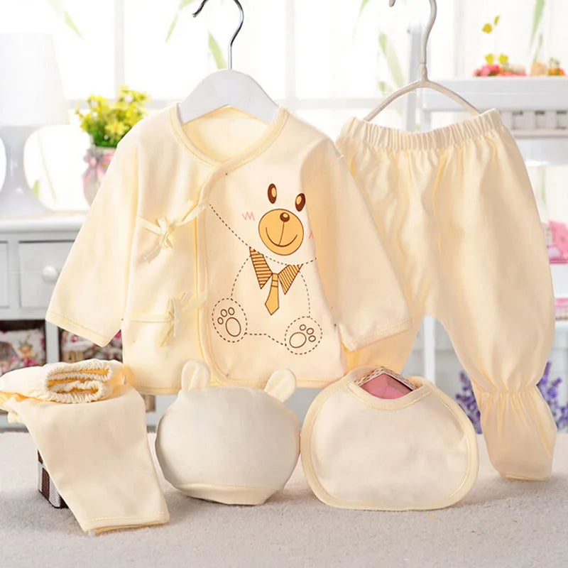 Newborn Baby 5PCS Clothes Set Shirt Pant Bib Hat Infant Girl Boy Outfit