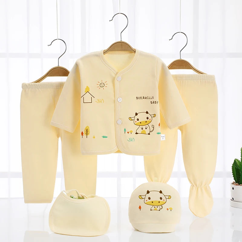 Newborn Baby 5PCS Clothes Set Shirt Pant Bib Hat Infant Girl Boy Outfit