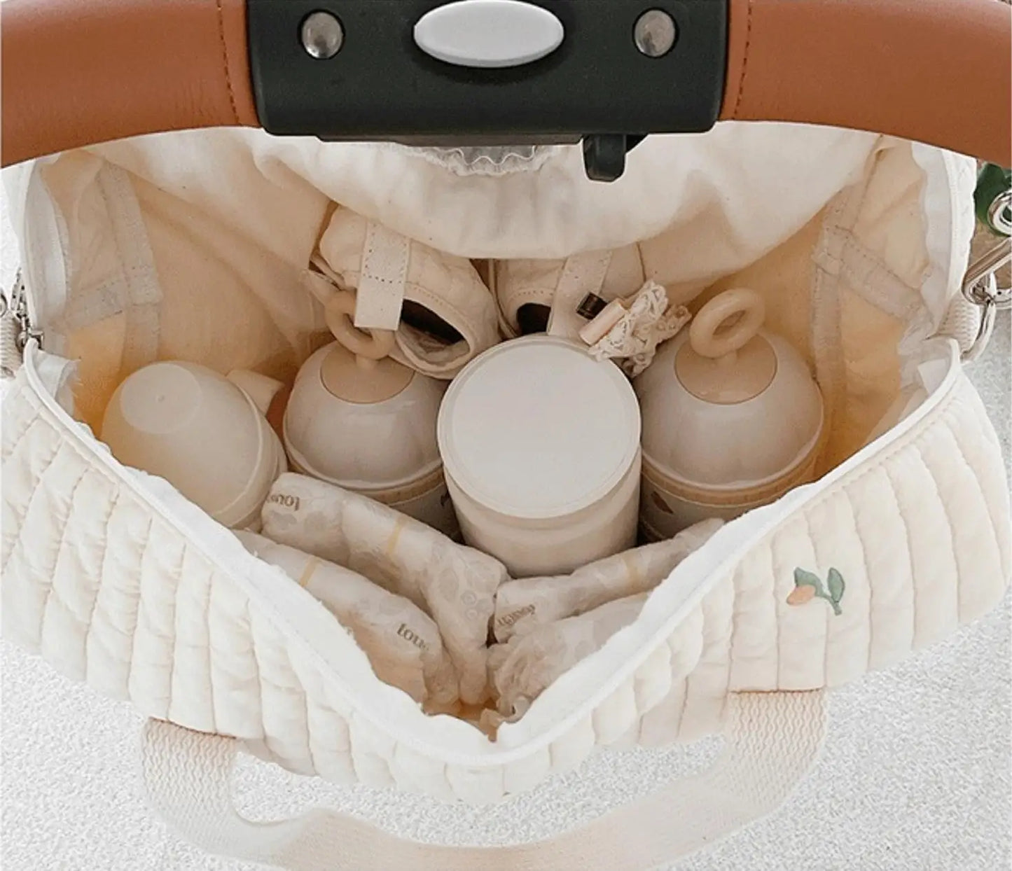 Baby Zipper Diaper Handbag Cotton Bag with Cute Bear Embroidery