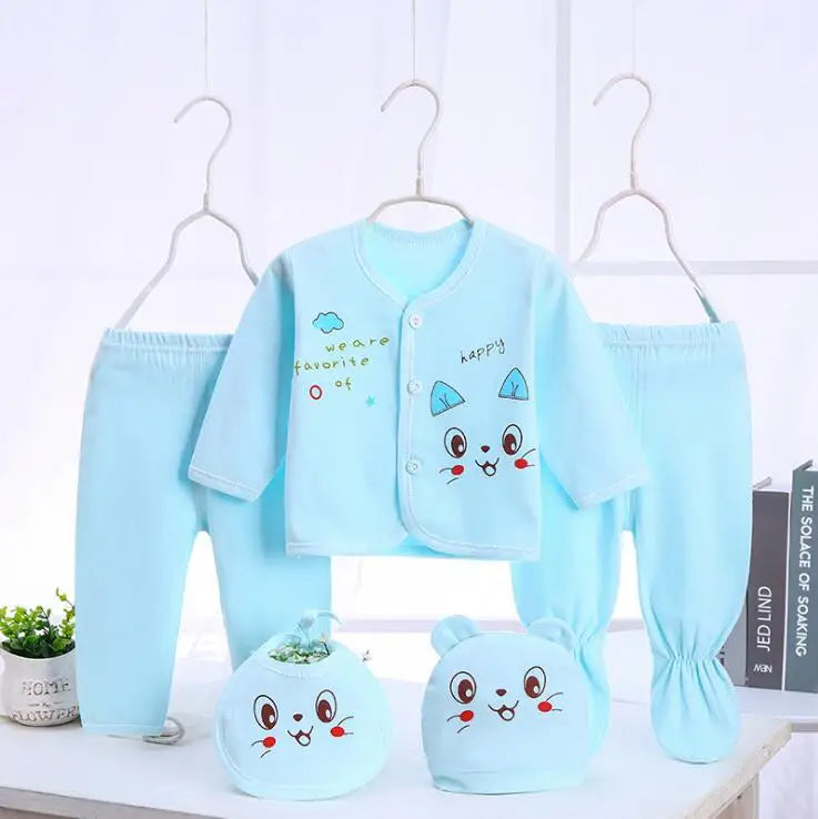 Newborn Baby 5PCS Clothes Set Shirt Pant Bib Hat Infant Girl Boy Outfit