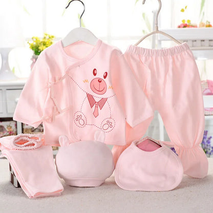 Newborn Baby 5PCS Clothes Set Shirt Pant Bib Hat Infant Girl Boy Outfit