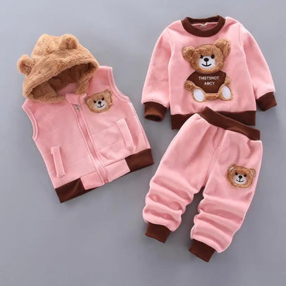 Baby Autumn Winter Clothing Set Boys Girls Hooded Cartoon Bear Thick Velvet 3-Piece Suit 0-4Y
