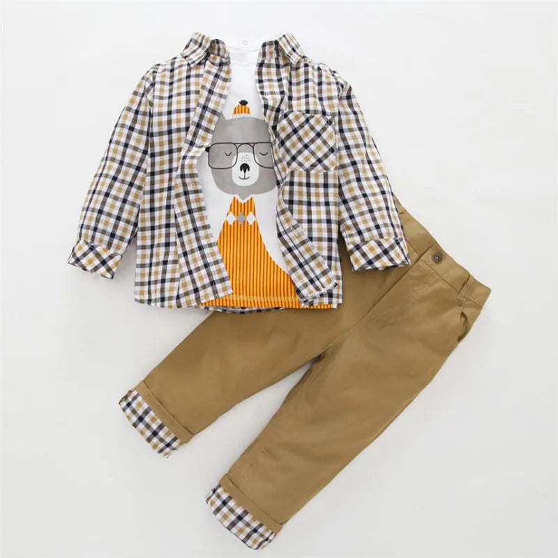 Kids Boys Plaid Coat T-Shirt Pants 3PCS Set
