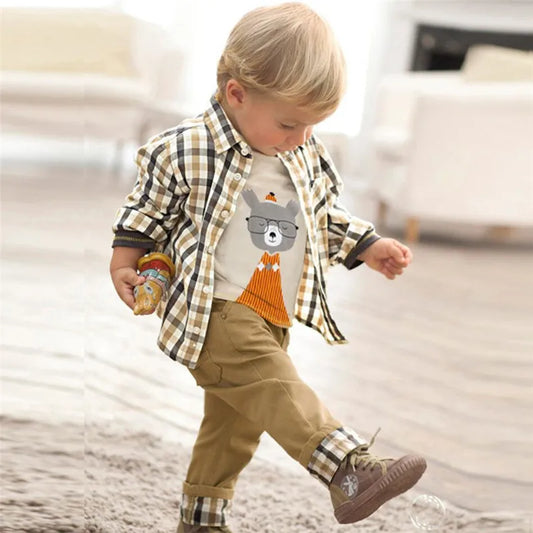 Kids Boys Plaid Coat T-Shirt Pants 3PCS Set